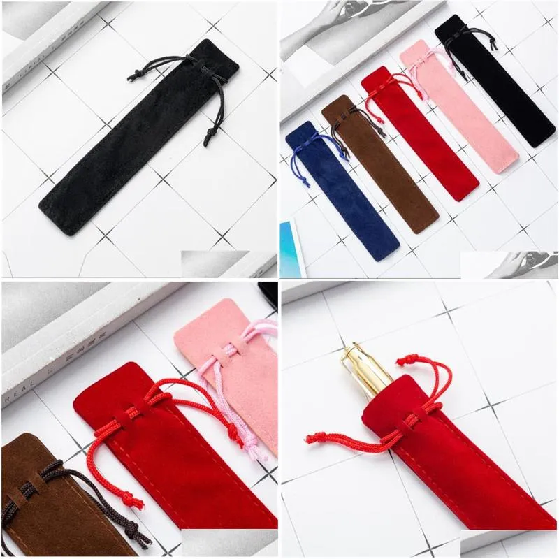 wholesale Multi color Velvet Pen Pouch Holder Single Pencil Bag Pens Case With Rope Office School Writing Supplies Student For Crystal Ballpoint