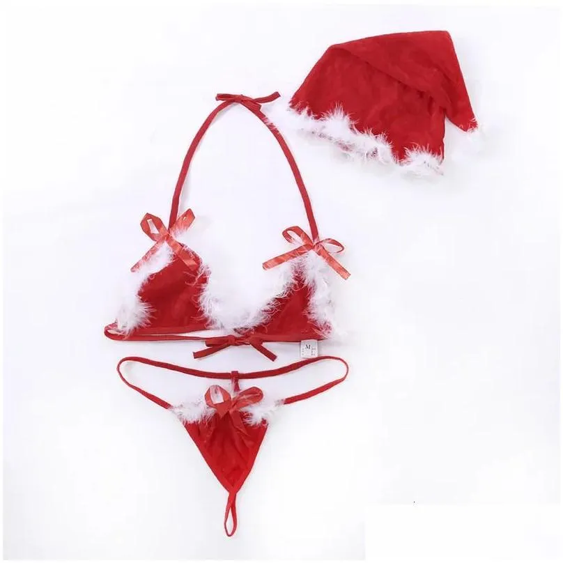 sexy set santa lingerie lady christmas red velvet fluffy bikini sets bra g string thong hat 3pcs bandage exotic with feather 231129