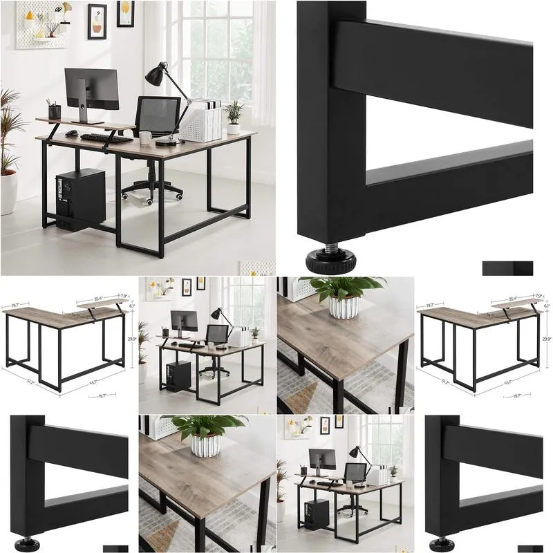 LShaped Computer Desk Industrial Workstation for Home Office Study Writing and Gaming Greige6613616