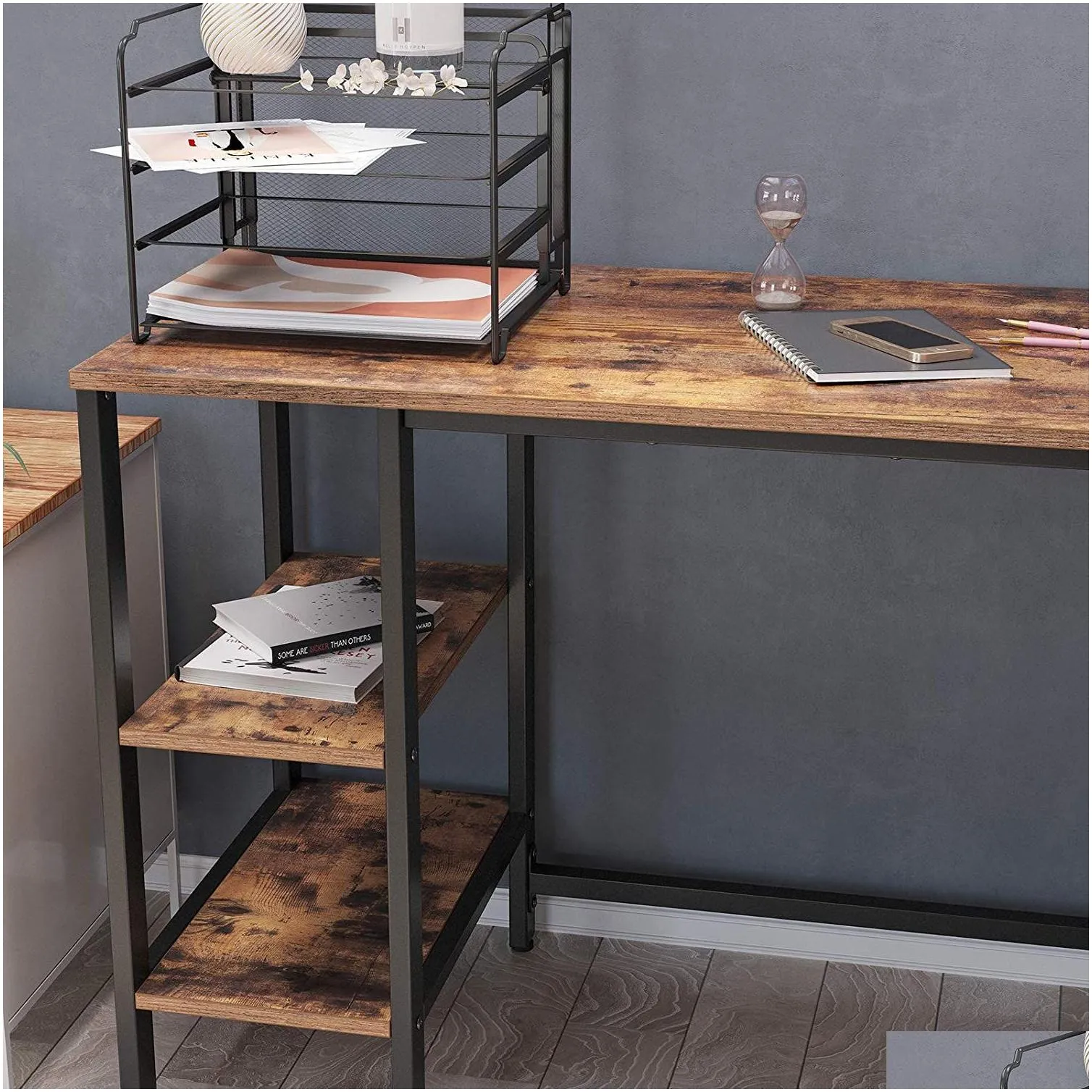 LShaped Computer Desk Corner Desk with Storage for Home Office 4 Shelves Writing Study Workstation Rustic Brown and Black3478371