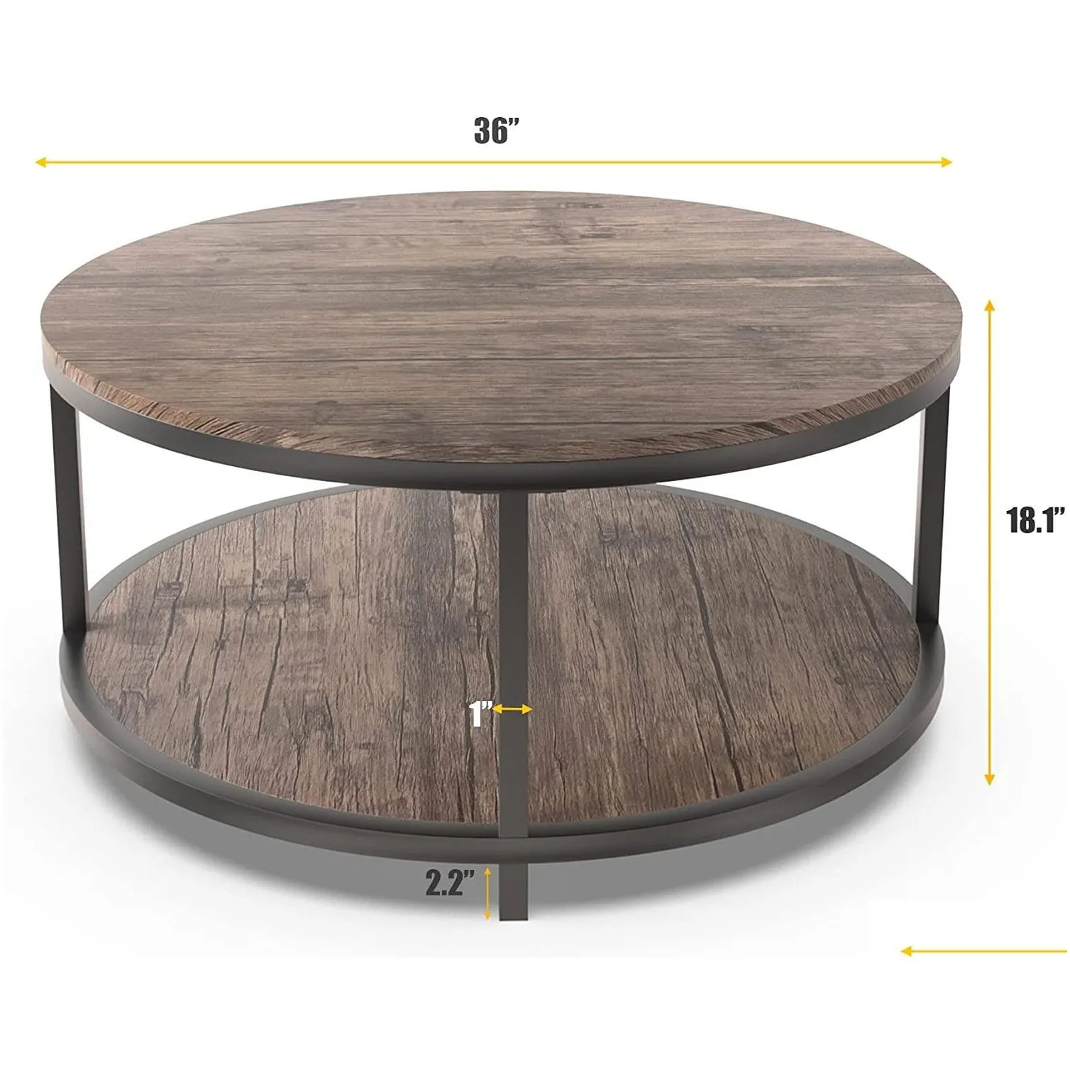 36 inches Round Coffee Table Rustic Wooden Surface Top Sturdy Metal Legs Industrial Sofa Table for Living Room Modern Design Home Furniture with Storage Open