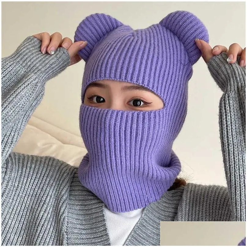 Cycling Caps Masks Funny Balaclava Winter Cute Bear Ears Knitted Hat Women Warm Full Face Cover Ski Mask Hat Men Outdoor Sport Windproof Beanies