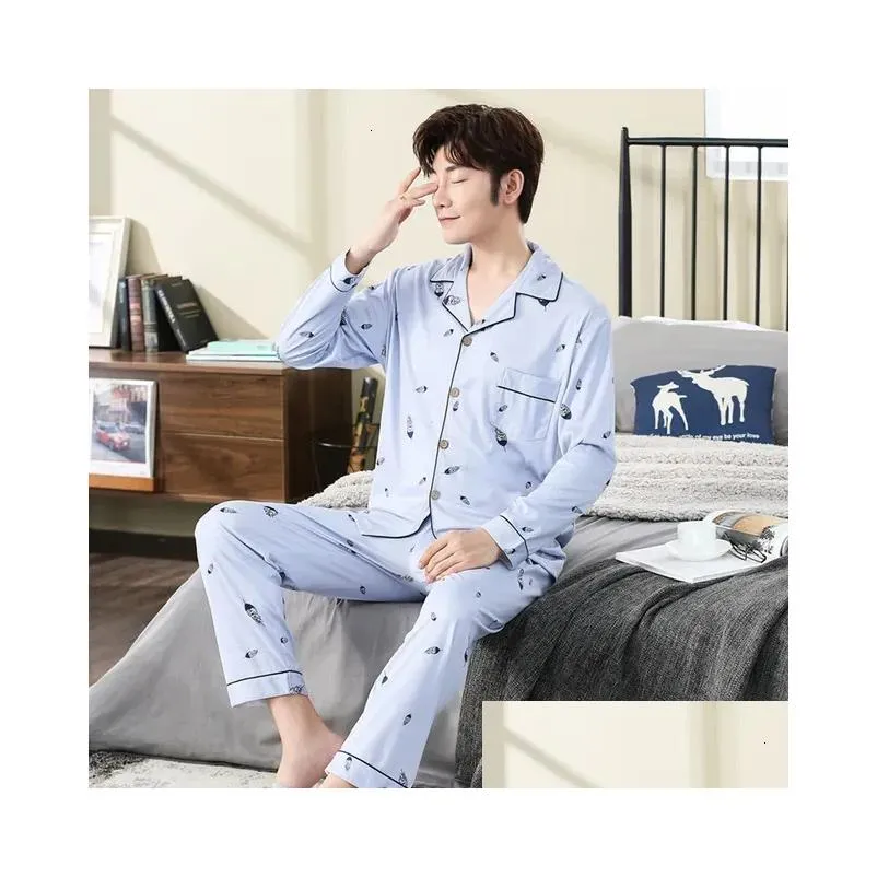 Men`S Sleepwear Mens Sleepwear Caiyier Autumn Winter Men Pajamas Set Turn-Down Collar Long Sleeve Trousers Leisure Pyjama Night Pijama Otdt7
