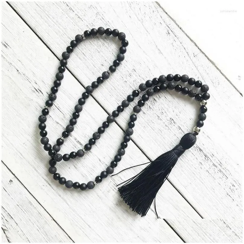 Pendant Necklaces Black Onyx And Lava Stone Necklace Tassel Yoga Jewelry Prayer Beads Men`s