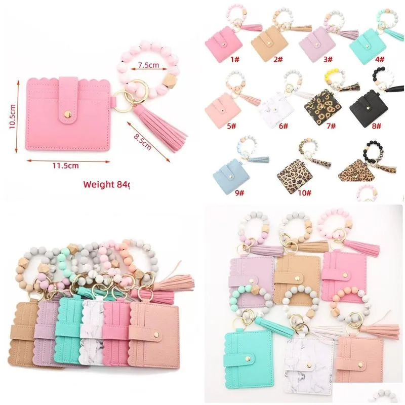 pu leather bracelet wallet keychain party favor tassels bangle key ring holder card bag silicone beaded wristlet keychains fy3399 1130