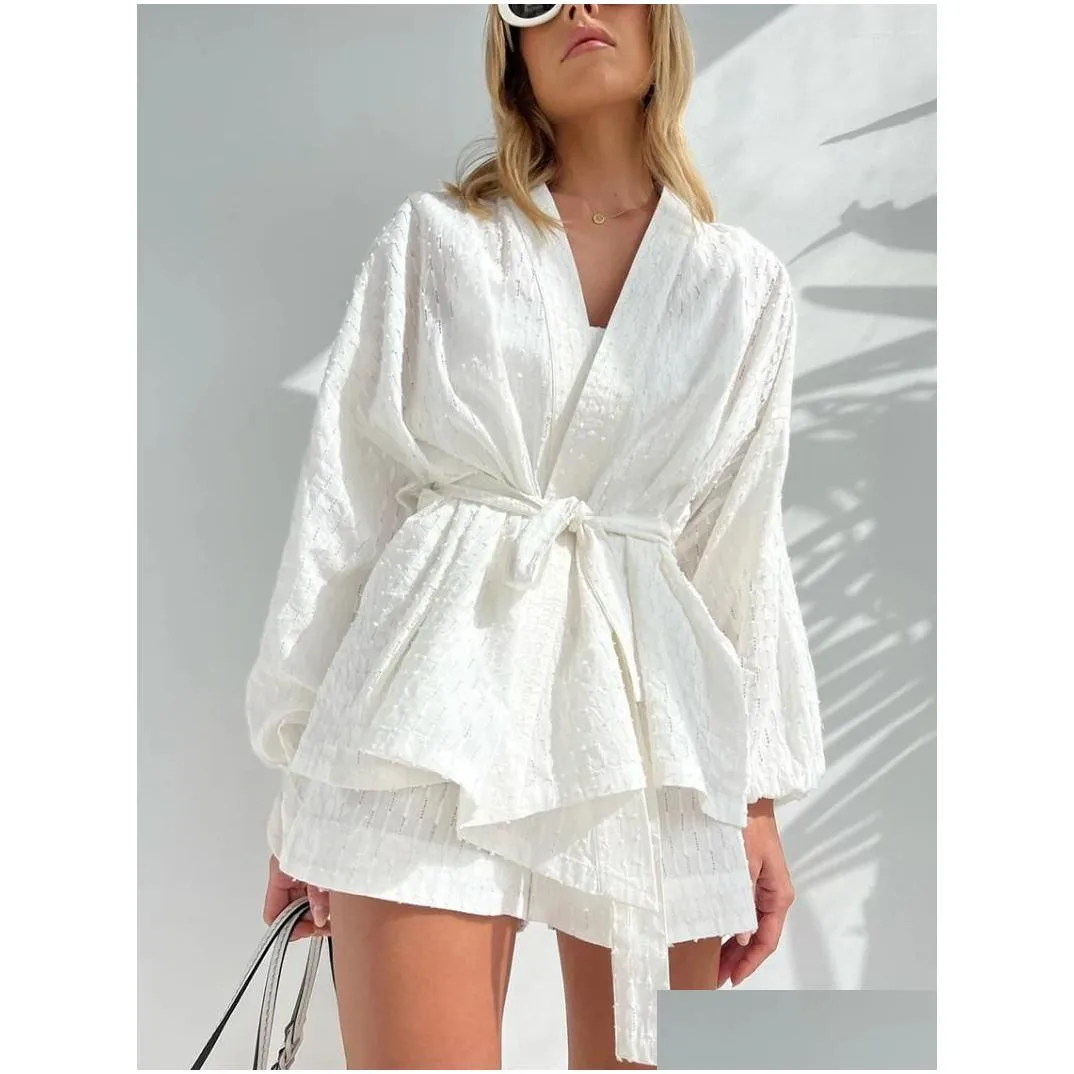 Women`s Sleepwear Marthaqiqi White Cotton Pajamas For Women Casual Long Sleeve Lace-Up Robes With Shorts Set Jacquard Weave Pajama