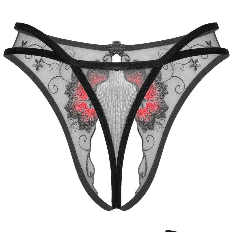 lace open crotch thong lingerie erotic underwear women mesh see-through thongs low waist crotchless panties embroidered g-string