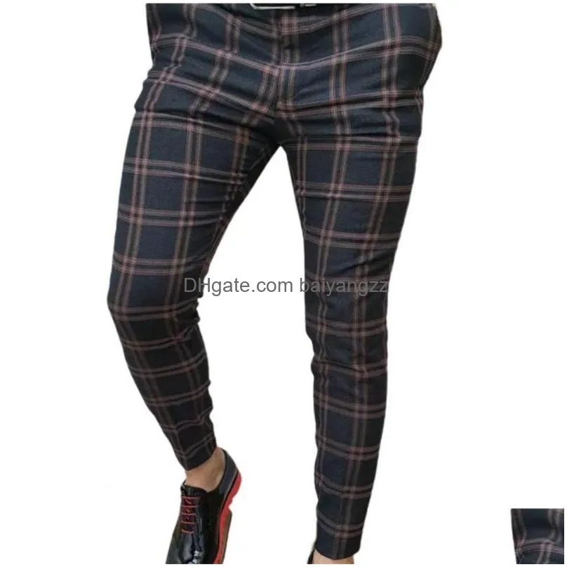 mens pants casual trousers for men business zipper closure male pencil slim-fitting checkered plaid office