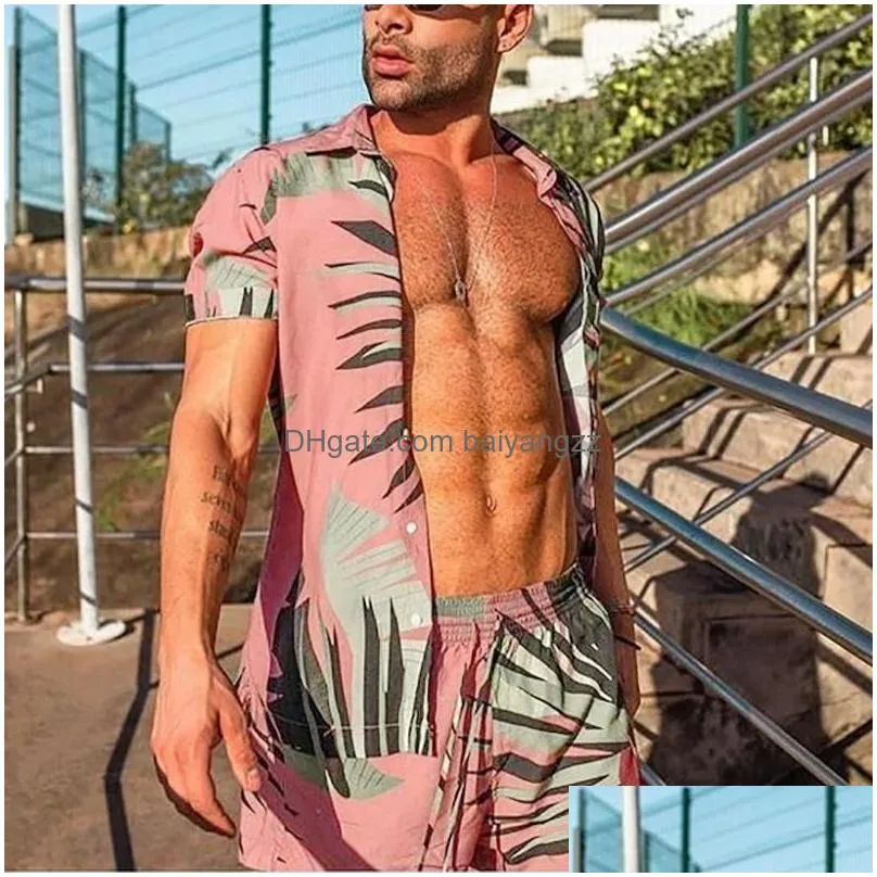 mens t shirts set short sleeve hawaiian shirt and shorts summer casual floral beach two piece suit fashion men sets s-3xl