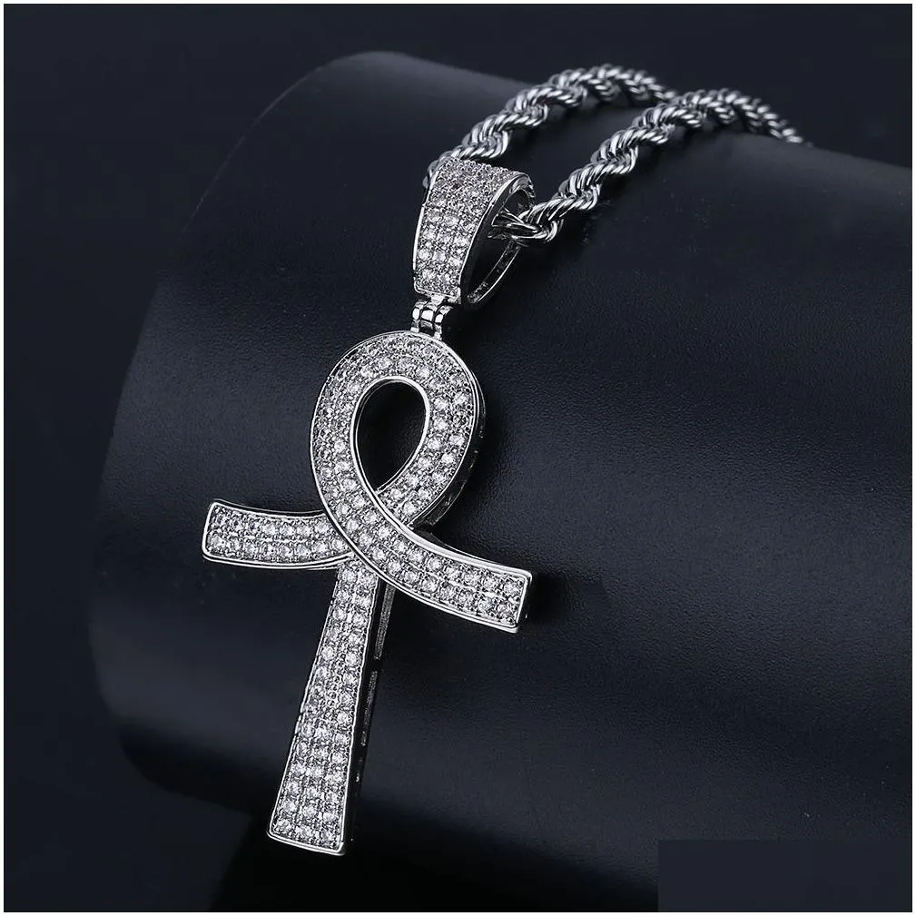 18K Gold and White Gold Plated Diamond Ankt Key of Life Cross Pendant Chain Necklace Cubic Zirconia Hip Hop Rapper Jewelry for Men