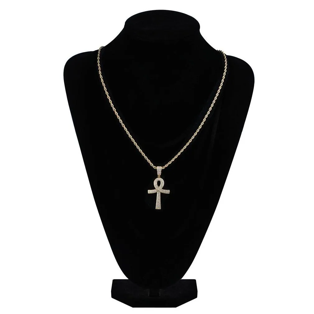 18K Gold and White Gold Plated Diamond Ankt Key of Life Cross Pendant Chain Necklace Cubic Zirconia Hip Hop Rapper Jewelry for Men