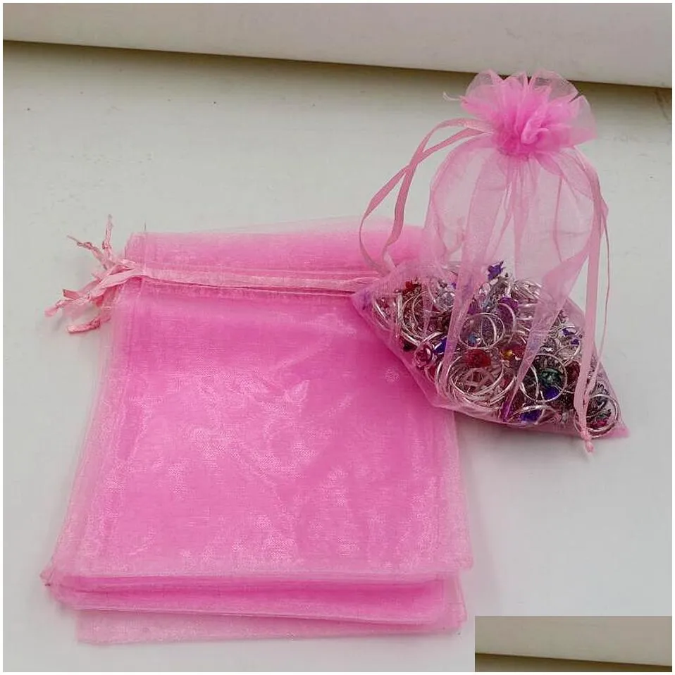 Hot Sales ! 100pcs/lots Pink With Drawstring Organza Jewelry Gift Pouch Bags For Wedding favors beads Jewelry 7x9cm , 9x11 cm .13x18 cm