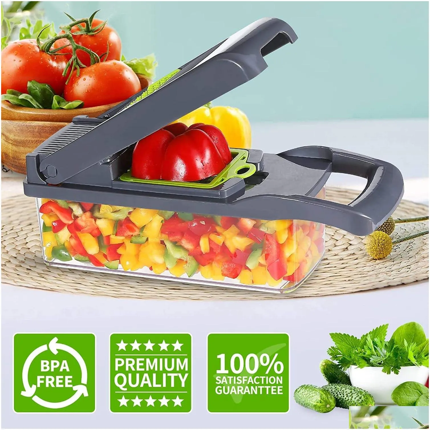 New LMETJMA Vegetable Chopper Professional Mandoline Slicer Onion Chopper Veggie Slicer with 8 blades and Filter Basket KC0451