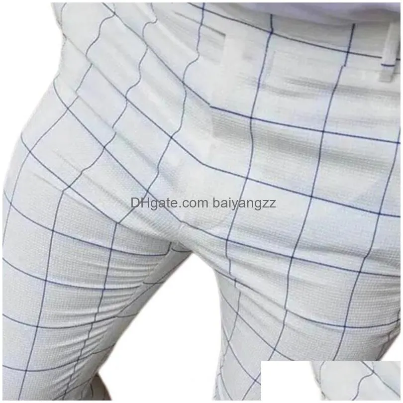 mens pants casual trousers for men business zipper closure male pencil slim-fitting checkered plaid office