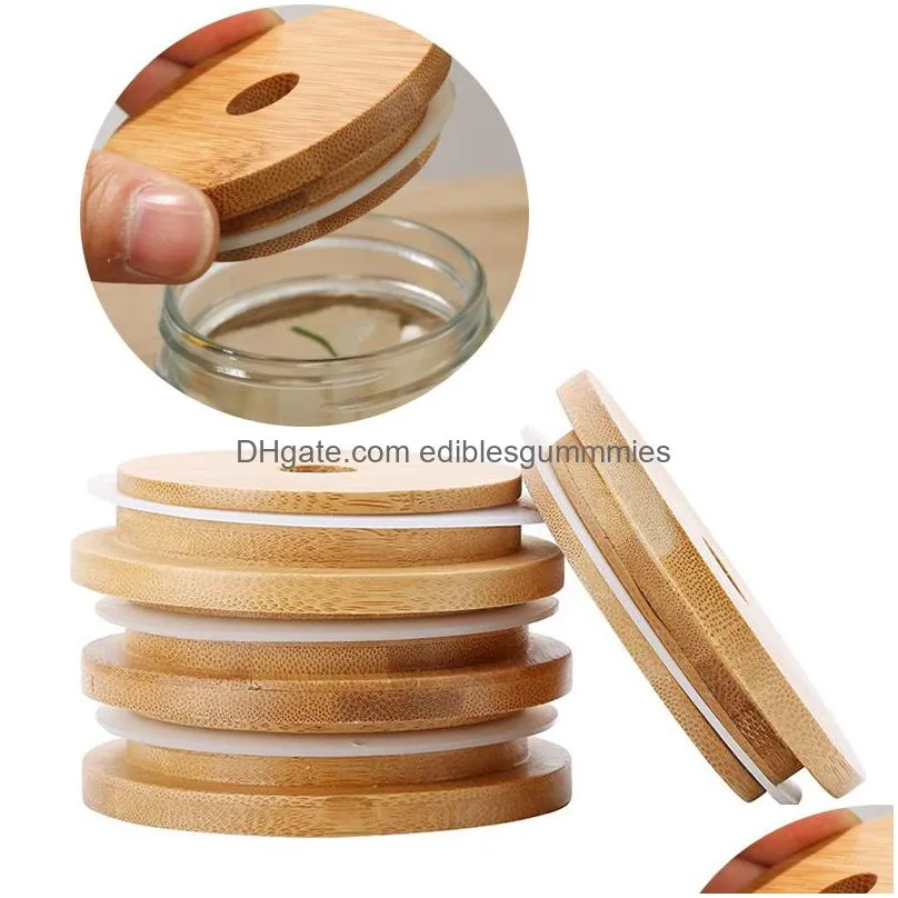 bamboo cap lids reusable wooden mason jar lid sealing caps with straw hole and silicone seal