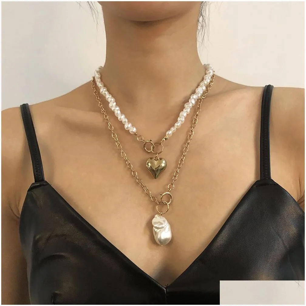 Wholesale Heart Dragon Charm Pearl Beaded Layered Necklace Choker Chain for Women Gold Aesthetic Y2k New Fashion Jewelry Accessories Mom Birthday Gifts for