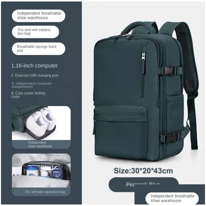 Travel backpack cabin Aircraft Large capacity waterproof dry and wet compartmented luggage Laptop backpack external USB charging