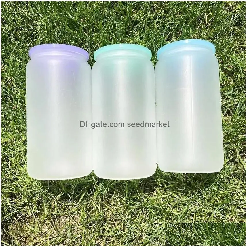 replaced colored plastic lids for 16oz glass tumbler blank clear frosted glass mason jar libby can cooler cola beer food cans 5 colors