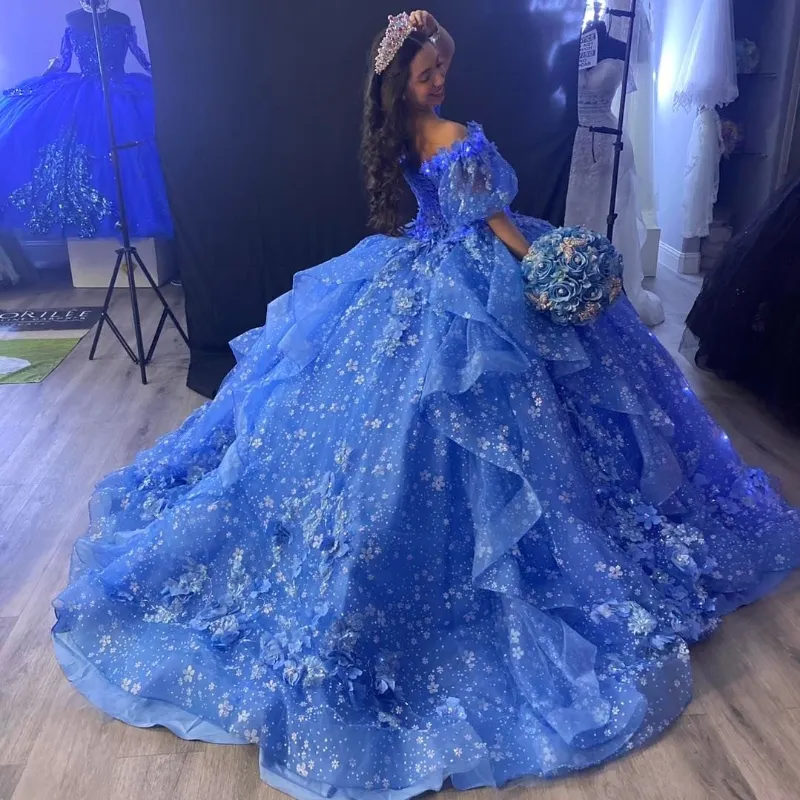 Blue Shiny Quinceanera Dress Lace Applique Sequins Beading Off the Shoulder Mexican Sweet 16 Vestidos De XV 15 Anos