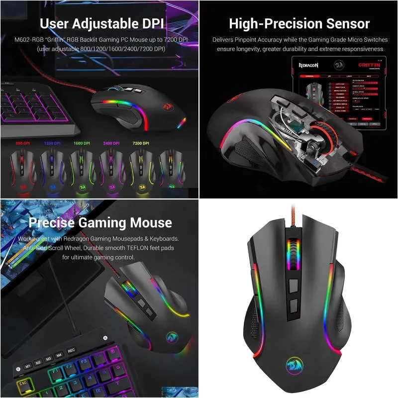 n M607 RGB Wired Gaming Mouse Ergonomic Mouse Programmable with 7 Backlight Modes up to 7200 DPI for Windows PC Gamers