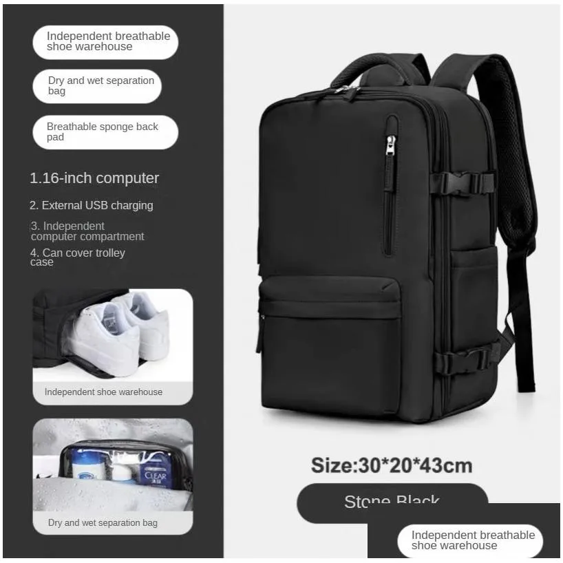 Travel backpack cabin Aircraft Large capacity waterproof dry and wet compartmented luggage Laptop backpack external USB charging