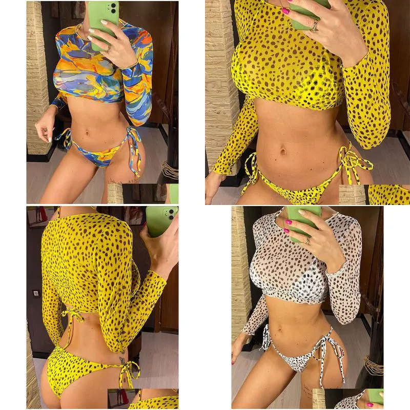s xxl leopard printed long sleeve bikini women swimwear female swimsuit threepieces set bather bathing suit swim v3193y 220616