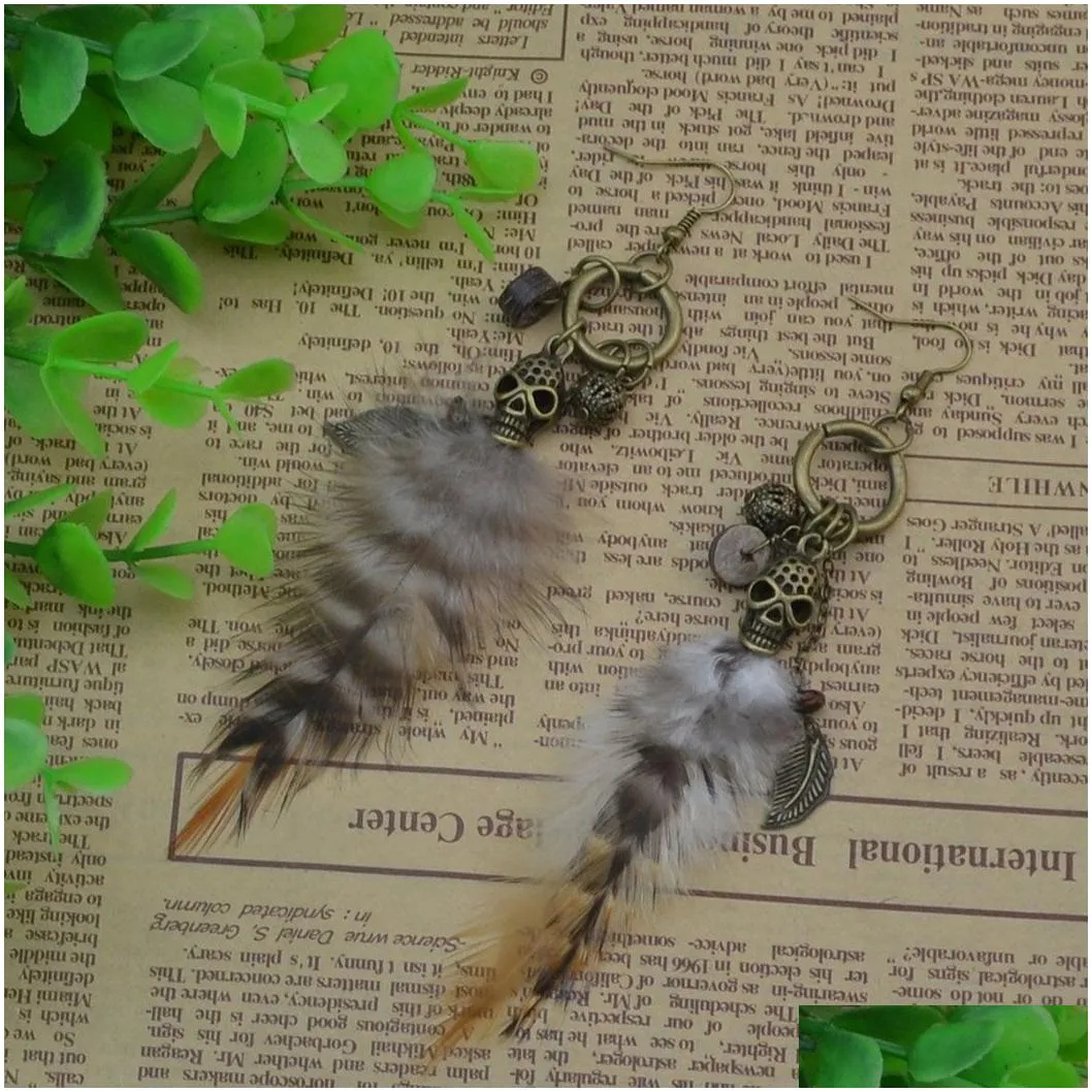 3 Styles Women Bronze Alloy Brown Feather Drop Leaves Skull Leaf Beads Long Dangle Earrings Bohemian Jewelry