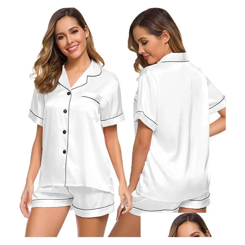 Women`S Sleepwear Summer Y Women Silk Satin Pajamas Set Two-Piece Pj Sets Sleepwear Nightwear Loungewear Button-Down Drop Delivery App Dhiqn