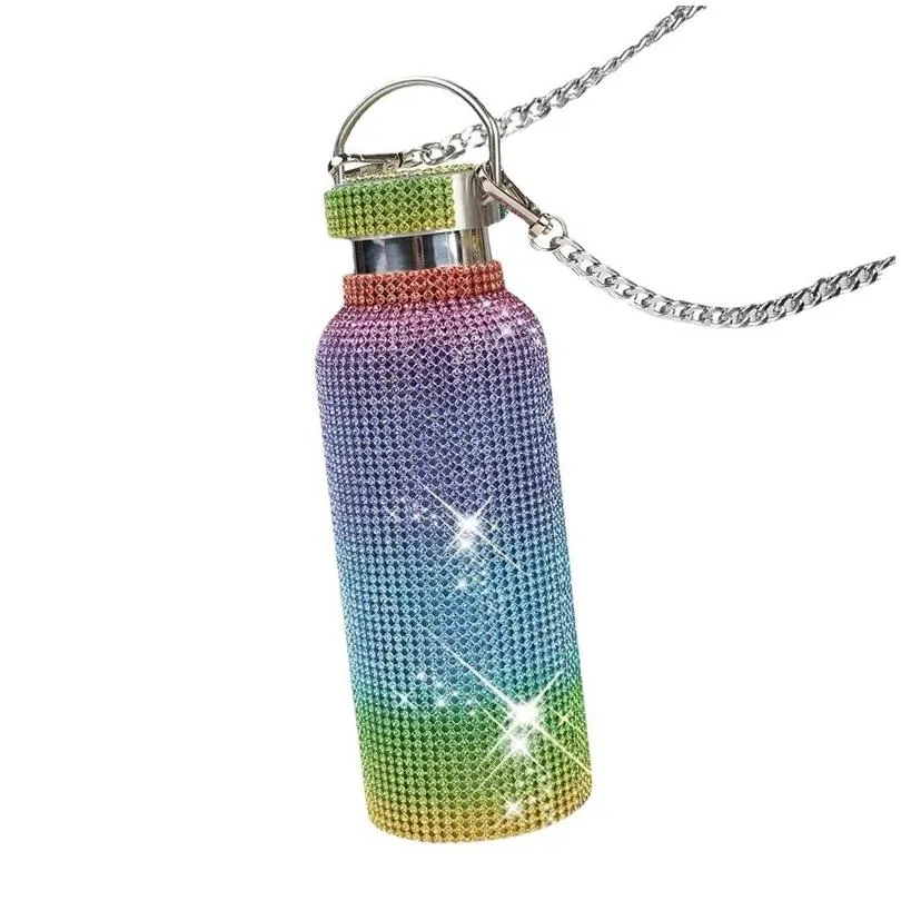 350ml/500ml/750ml Diamond Thermos Bottle Insulated Rhinestone Vacuum Cup Stainless Steel Flask Bottle Drinking Kettle with Chain