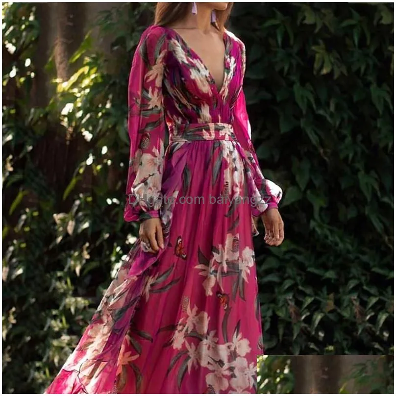 autumn women dresses fashion bohemian floral printed v neck long sleeve pleated chiffon dress wholesale ship z4 casual