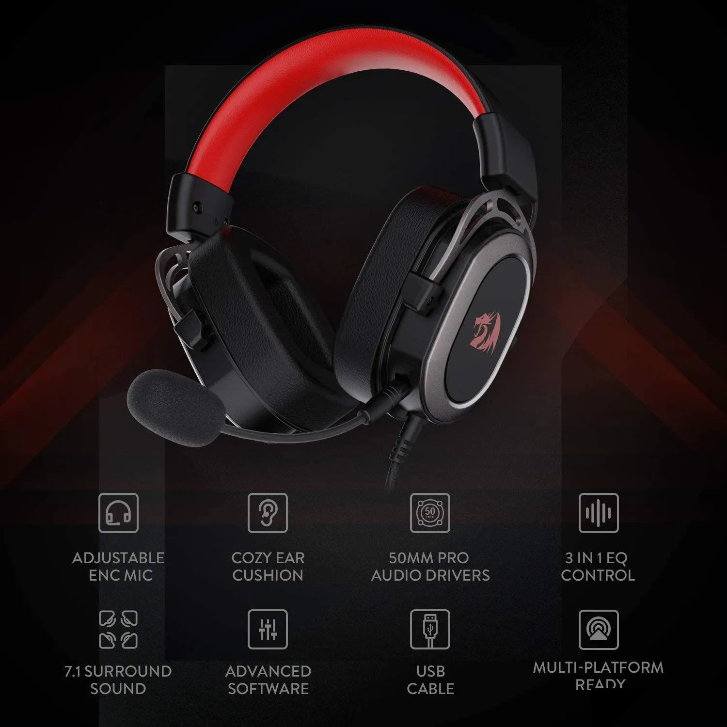 n H710 Helios USB Wired Gaming Headset - 7.1 Surround Sound - Memory Foam Ear Pads - 50MM Drivers - Detachable Microphone