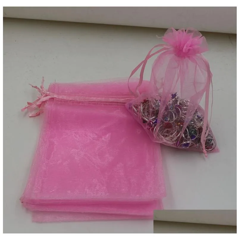 Hot Sales ! 100pcs/lots Pink With Drawstring Organza Jewelry Gift Pouch Bags For Wedding favors beads Jewelry 7x9cm , 9x11 cm .13x18 cm