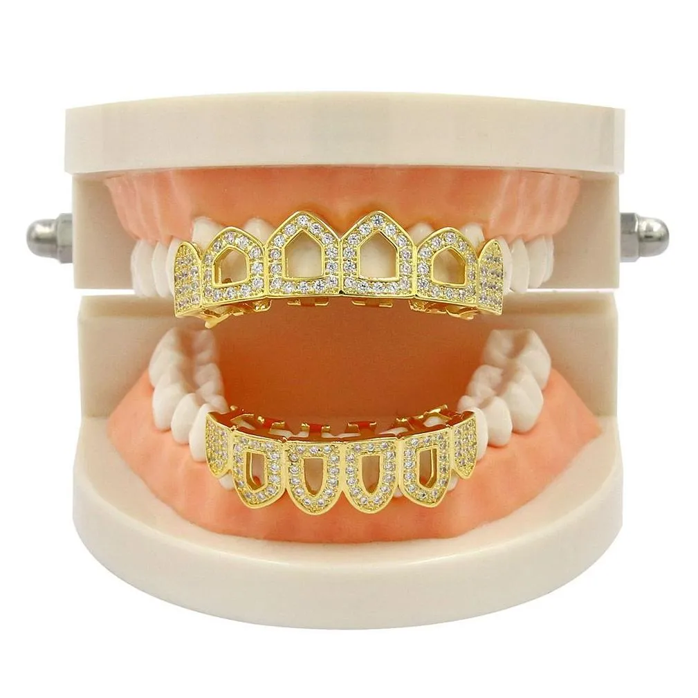 18K Real Gold Diamond Hollow Teeth Grillz Dental Mouth Iced Out Fang Grills Braces Tooth Cap Vampire Full Diamond Punk Hip Hop Rapper Jewelry for Men Women