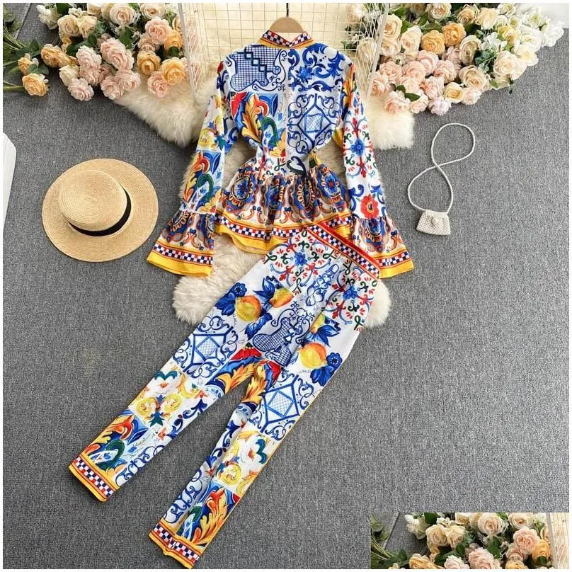 Women`S Two Piece Pants Runway Fashion Elegant Vintage Print Pant Suit Ruffle Blouse Shirt Top And Long Pants Two Piece Set Women Sets Dhklp