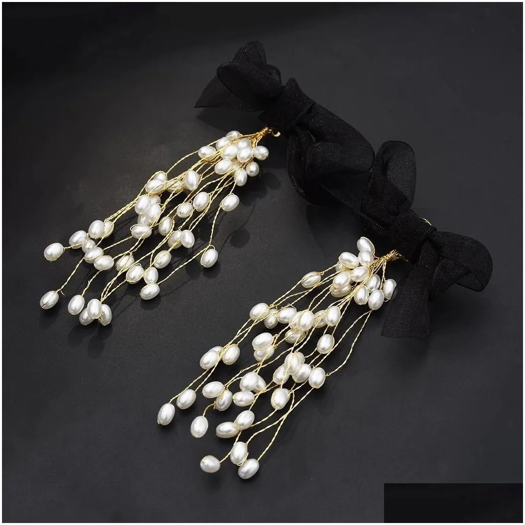 Elegant Black Bowknot Long Tassel Pearl Earring Bridal Wedding Charm Drop Earrings Party Jewelry