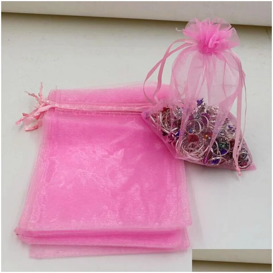 Hot Sales ! 100pcs/lots Pink With Drawstring Organza Jewelry Gift Pouch Bags For Wedding favors beads Jewelry 7x9cm , 9x11 cm .13x18 cm