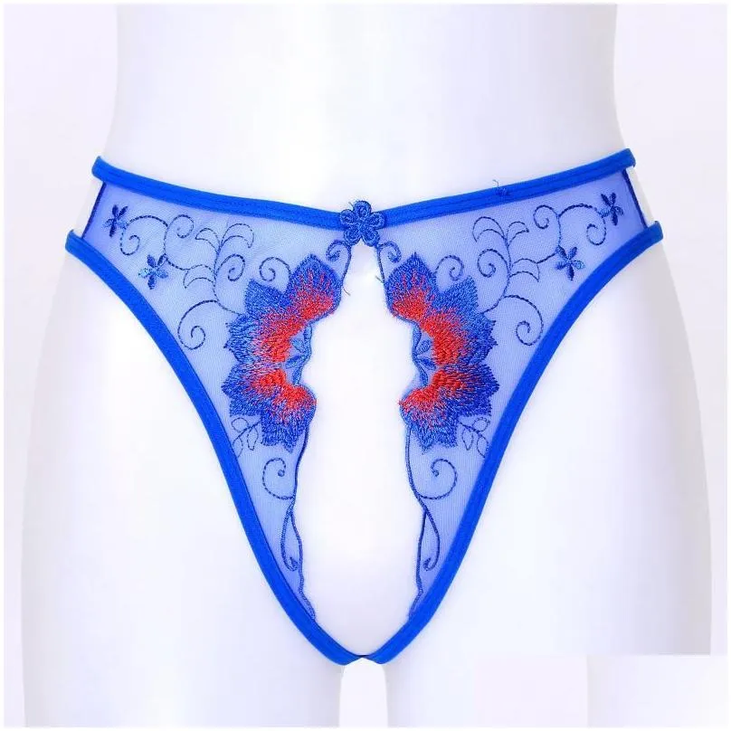 lace open crotch thong lingerie erotic underwear women mesh see-through thongs low waist crotchless panties embroidered g-string
