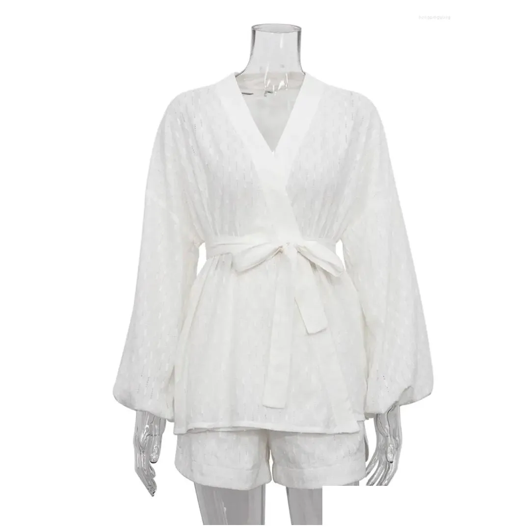 Women`s Sleepwear Marthaqiqi White Cotton Pajamas For Women Casual Long Sleeve Lace-Up Robes With Shorts Set Jacquard Weave Pajama
