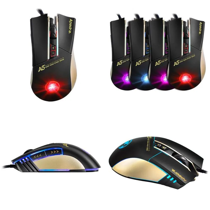 Apedra A5 Wired Computer Gaming Mouse Macro Defintion Breathing Light Optical Mouse Game Mice for PC Laptop Desktop