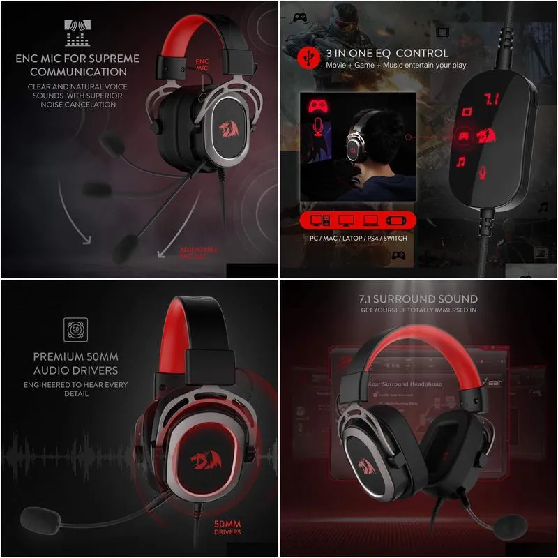 n H710 Helios USB Wired Gaming Headset - 7.1 Surround Sound - Memory Foam Ear Pads - 50MM Drivers - Detachable Microphone