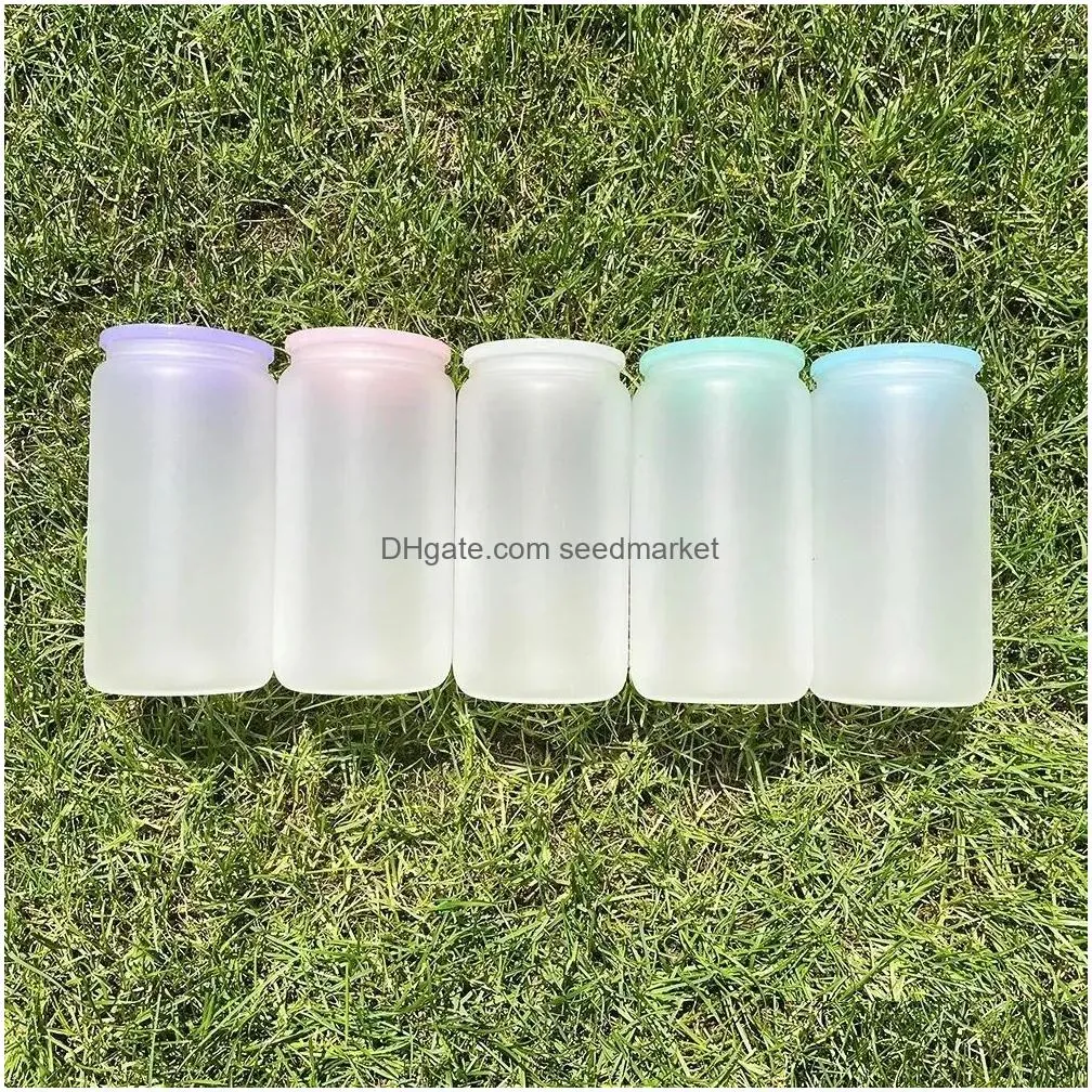 replaced colored plastic lids for 16oz glass tumbler blank clear frosted glass mason jar libby can cooler cola beer food cans 5 colors