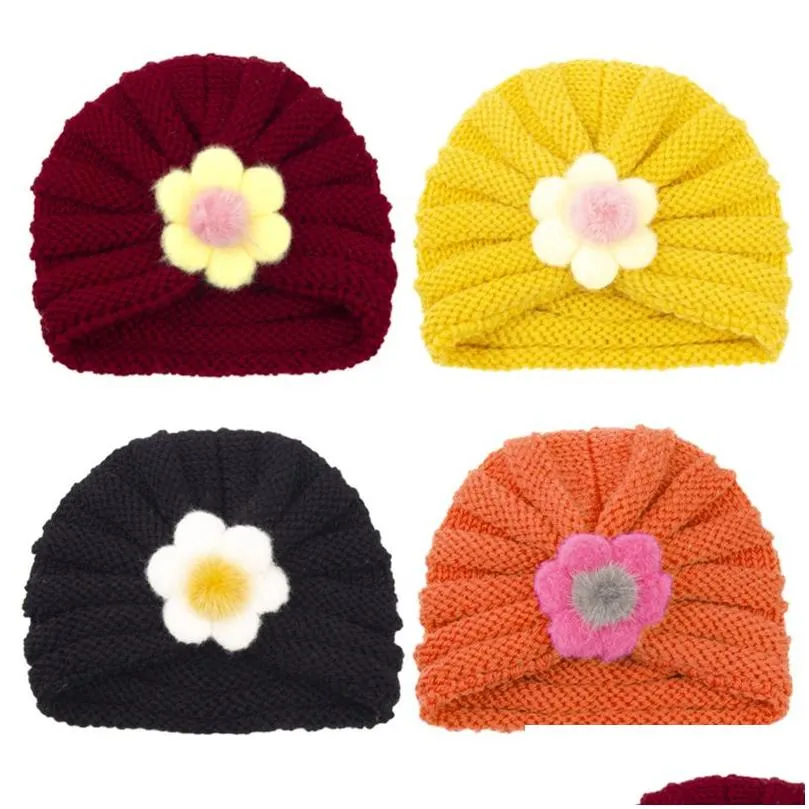 OC D005# Children`s Hats Floral Decoration Color Knitted Wool Hat Thick Down to Keep Warm in Winter Wholesale