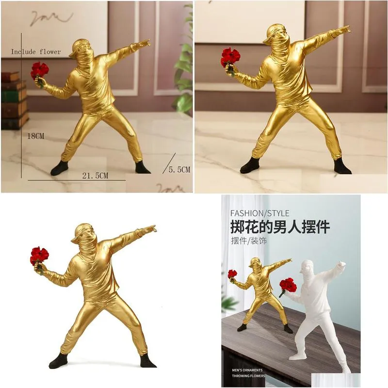 decorative objects figurines resin statues sculptures banksy flower thrower statue bomber home decoration modern ornaments figurine collectible