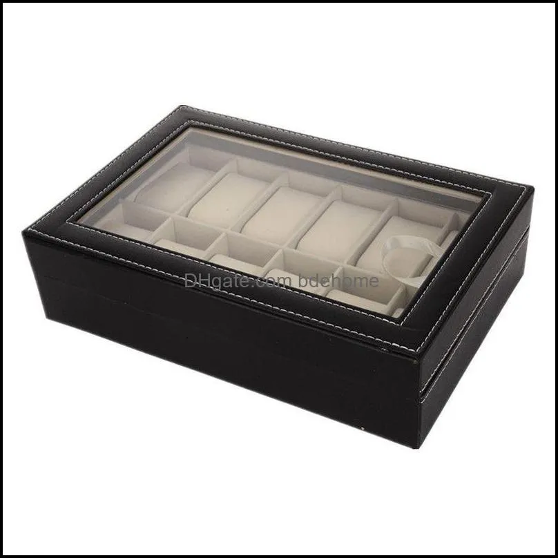 12 slots wrist watch boxes holder storage case organizer black pu leather watch display cases 300x200x80mm