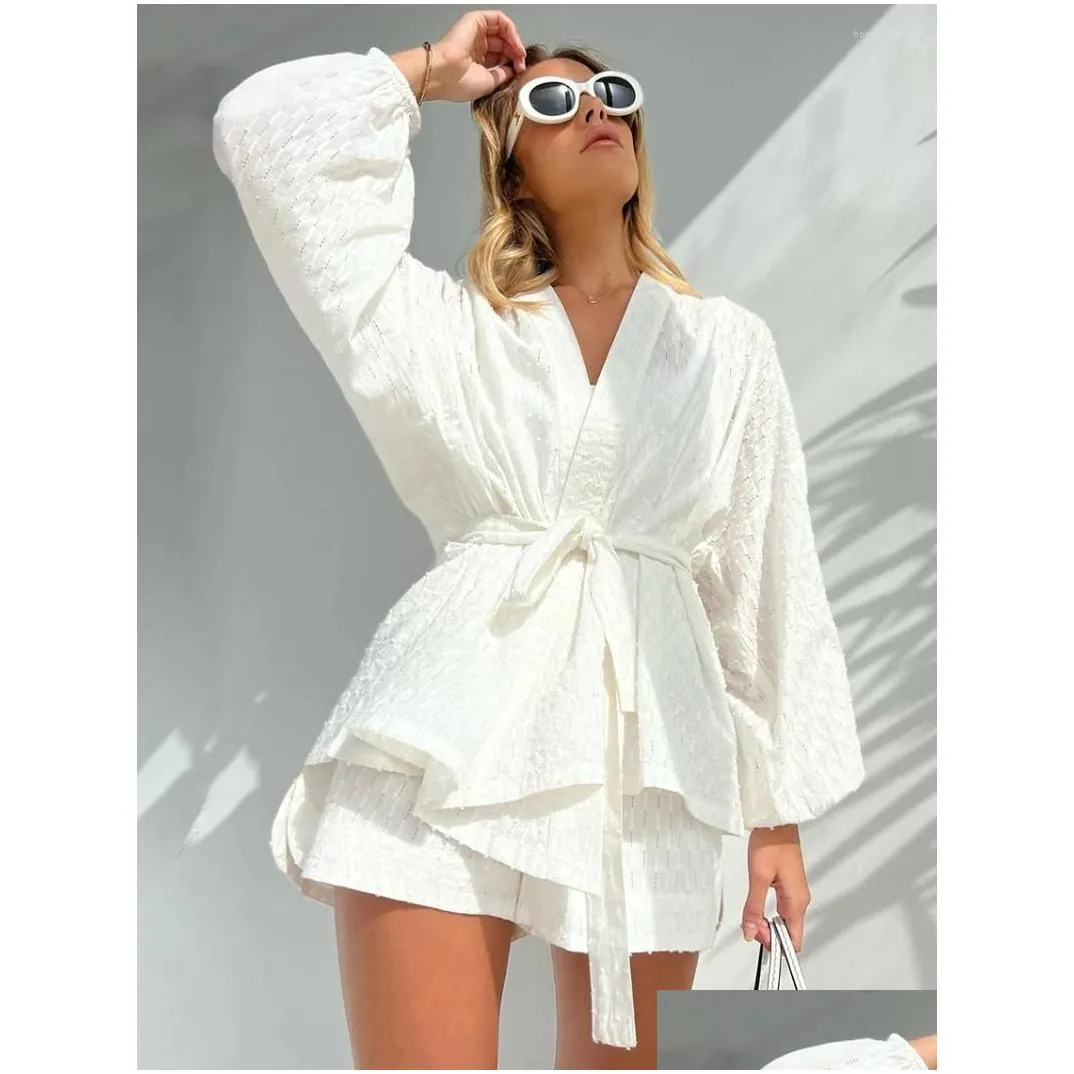 Women`s Sleepwear Marthaqiqi White Cotton Pajamas For Women Casual Long Sleeve Lace-Up Robes With Shorts Set Jacquard Weave Pajama