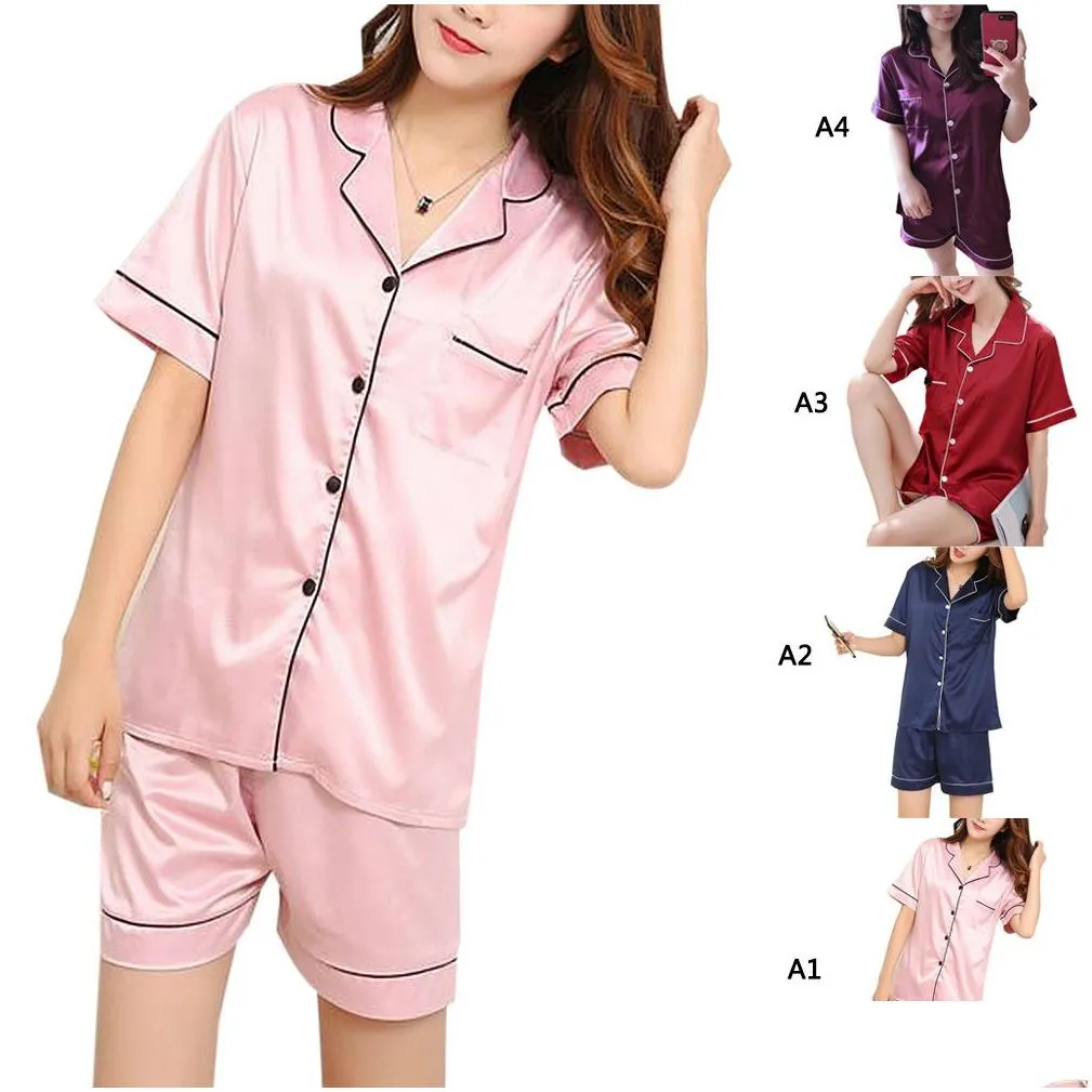 Women`S Sleepwear Summer Y Women Silk Satin Pajamas Set Two-Piece Pj Sets Sleepwear Nightwear Loungewear Button-Down Drop Delivery App Dhiqn