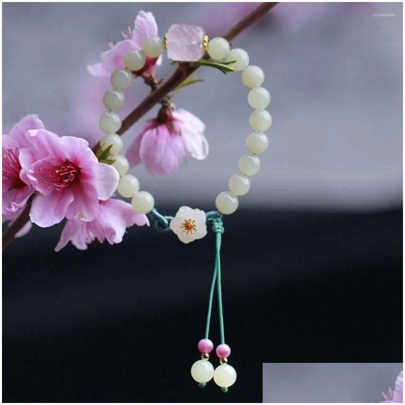 Link Bracelets Chinese Style Jade Bracele Women`s Ancient Flower Bead Step By Commemorate Woven Hand Rope Jewelry