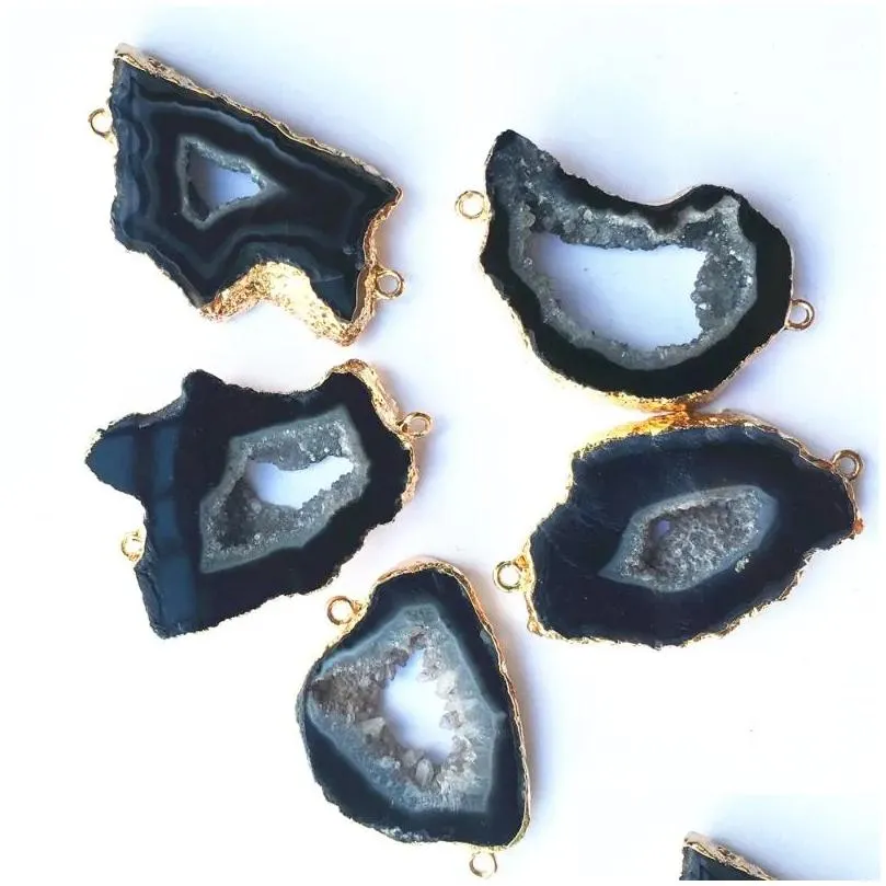 Pendant Necklaces Natural Black Agates Slice Connectors Gold Irregular Raw Onyx Druzy Stones Pendants For DIY Jewelry MakingPendant