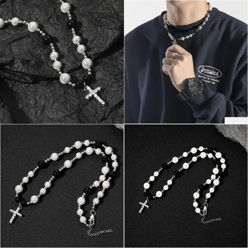 New Fashion European and American Hip Hop Necklace Black and White Reflective Pearl Cross Necklace Stainless Steel ABS Pearl Men`s Clavicle