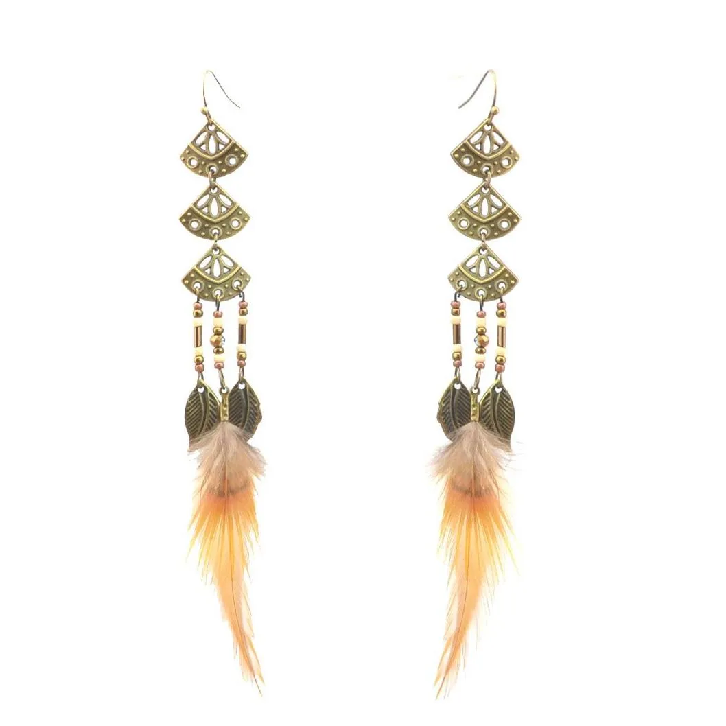 3 Styles Women Bronze Alloy Brown Feather Drop Leaves Skull Leaf Beads Long Dangle Earrings Bohemian Jewelry